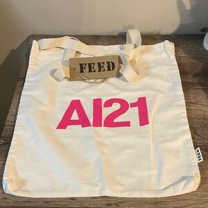 FEED NWT A121 Pink Logo Canvas Tote - Cream with Pink Graphic